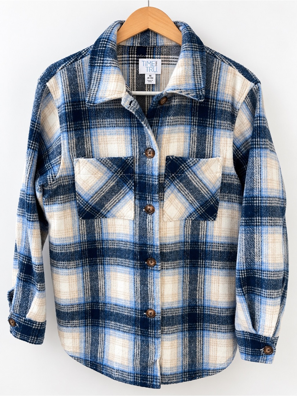 Time and Tru Blue Cream Plaid Shacket Oversized Shirt Jacket / Size Medium
